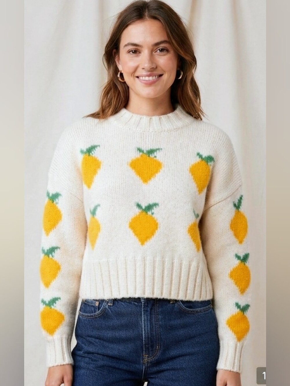 Daisy Street White Lemon Knit Crop Sweater Medium M